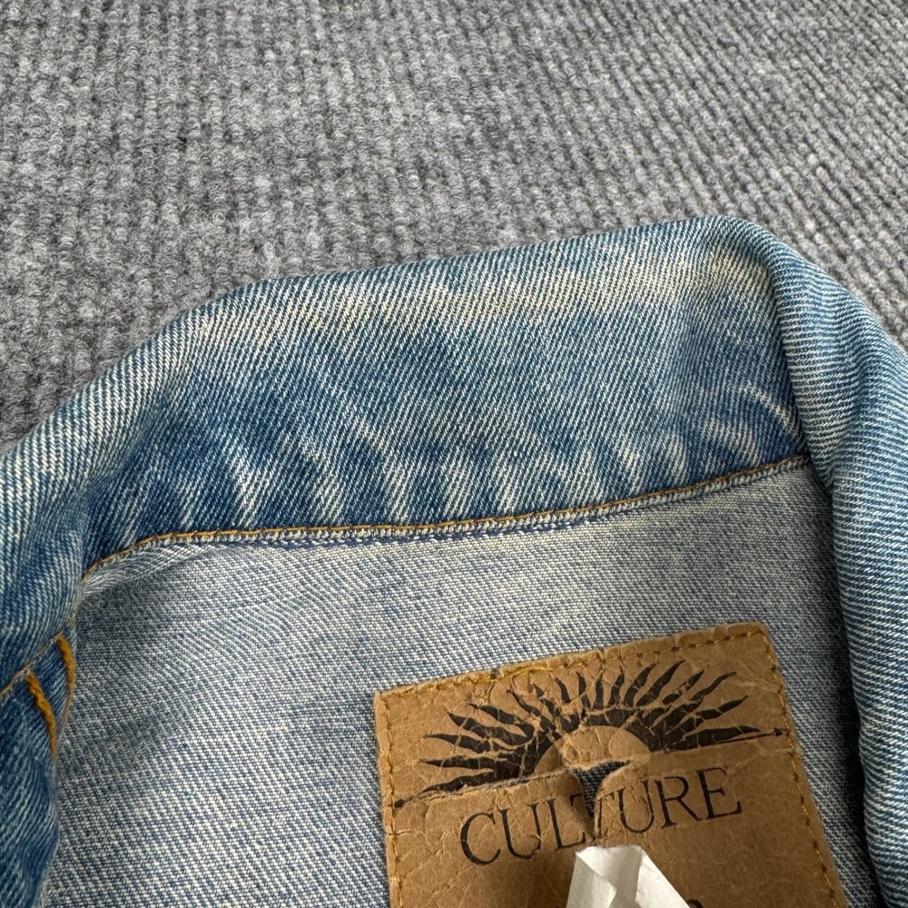 Vtg CULTURE on denim Jean Trucker Jacket Womens M Guatemalan Woven Textile Boho - Picture 8 of 16